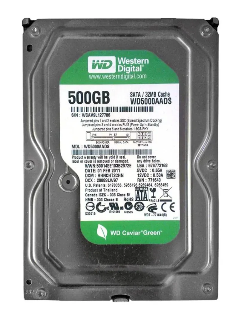 WD5000AADS-98S9B1 - Western Digital Caviar Green 500GB 7200RPM SATA 3Gb/s 7-Pin 32MB Cache 3.5-inch Hard Drive
