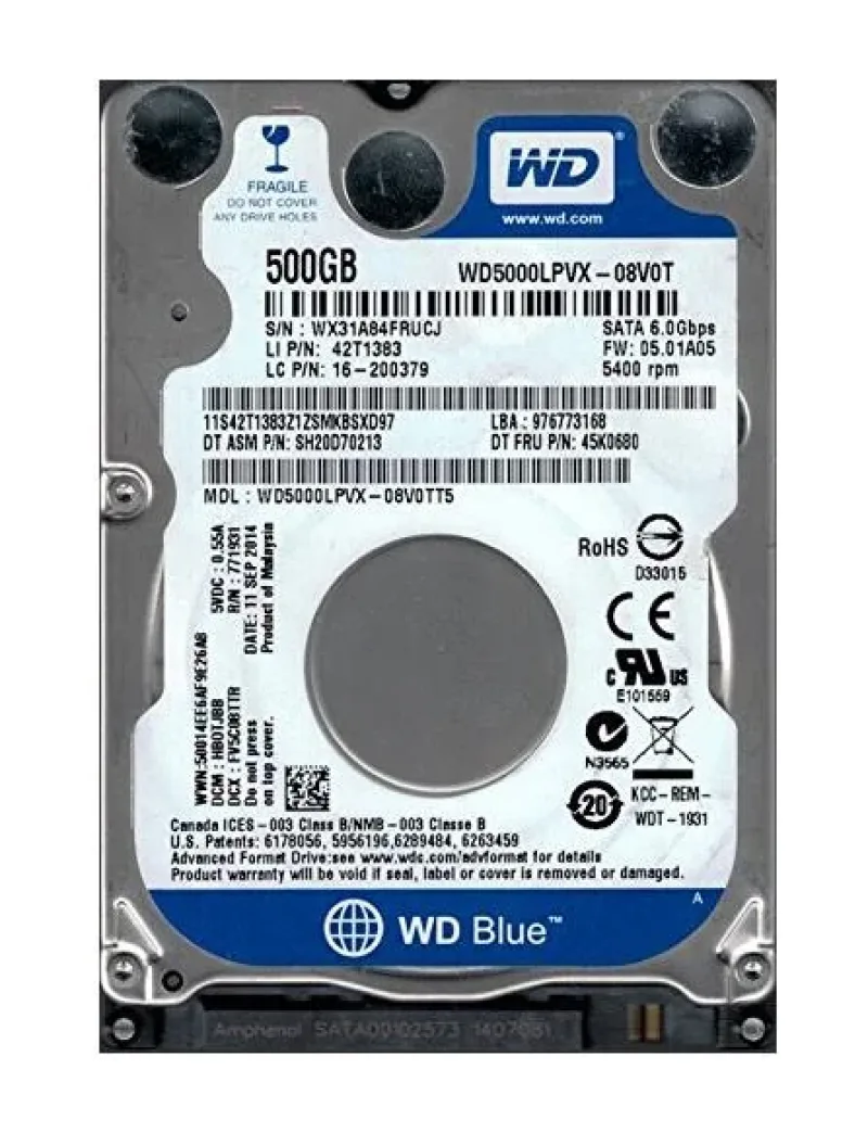 WD5000LPVX-08V0TT5 - Western Digital Blue 500GB 5400RPM SATA 6Gb/s 8MB Cache 2.5-inch Hard Drive