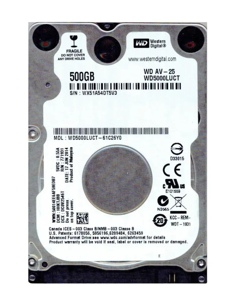 WD5000LUCT-61C26Y0 - Western Digital AV-25 500GB 5400RPM SATA 3Gb/s 16MB Cache 2.5-inch Hard Drive