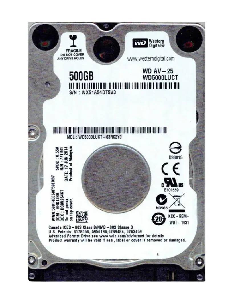 WD5000LUCT-63RC2Y0 - Western Digital AV-25 500GB 5400RPM SATA 3Gb/s 16MB Cache 2.5-inch Hard Drive