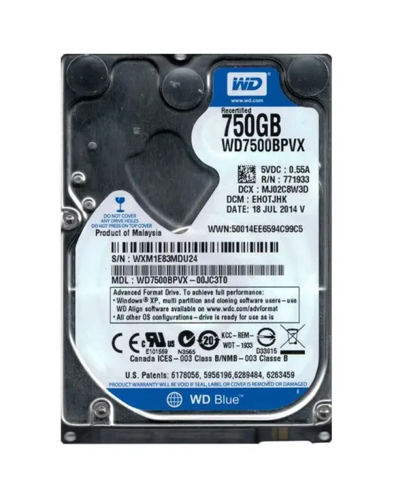 WD7500BPVT-55HXZT4 - Western Digital Scorpio Blue 750GB 5400RPM SATA 3Gb/s 8MB Cache 2.5-inch Hard Drive