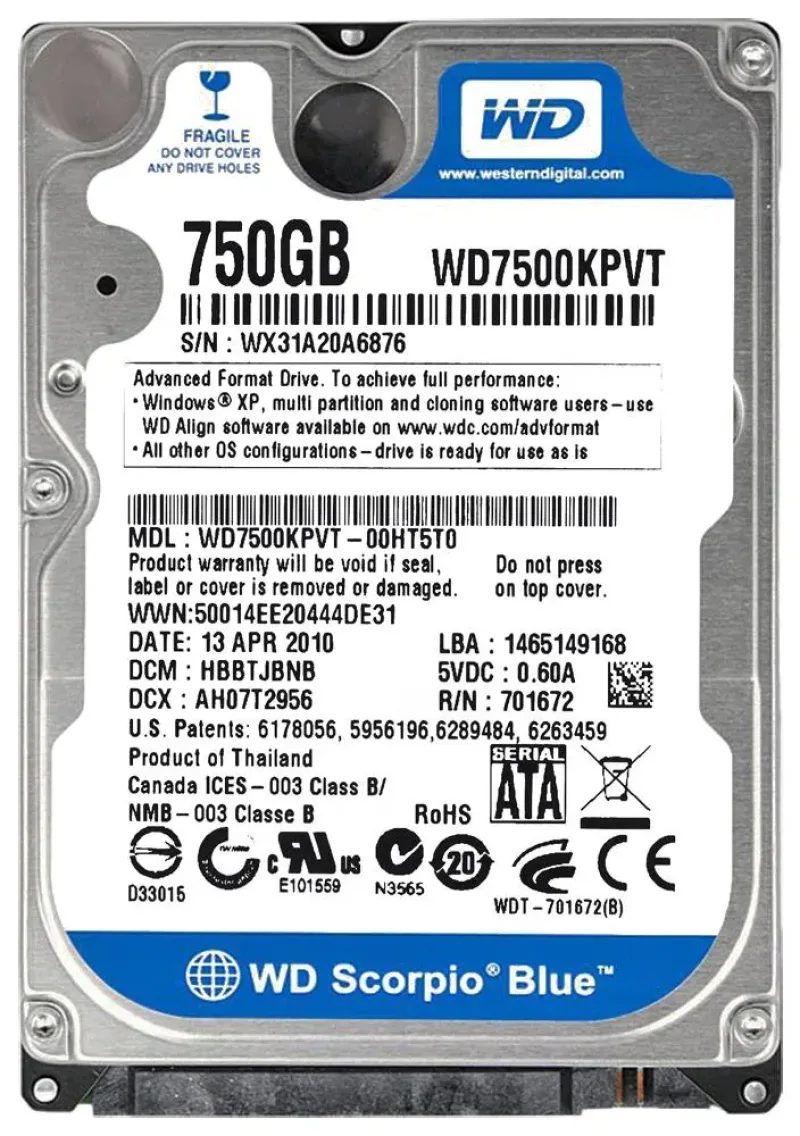 WD7500KPVT-00HT5T0 - Western Digital Scorpio Blue 750GB 5200RPM SATA 3Gb/s 8MB Cache 2.5-inch Hard Drive
