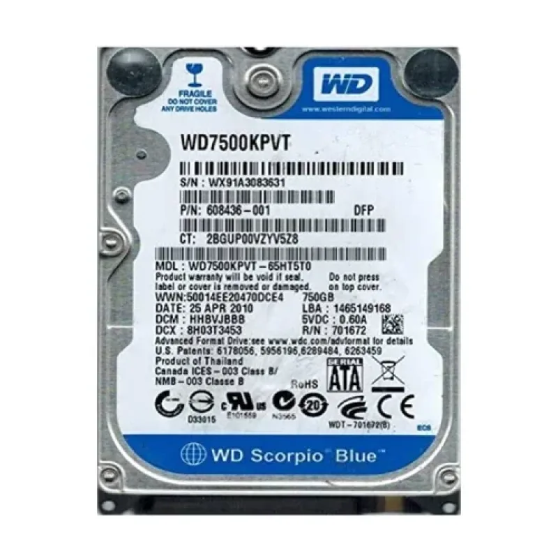 WD7500LPCX-55HWST0 - Western Digital Blue 750GB 5400RPM SATA 6Gb/s 16MB Cache 2.5-inch Hard Drive